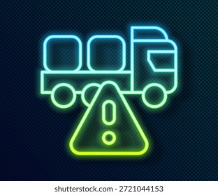 Glowing neon line Stop delivery cargo truck vehicle icon isolated on black background.  Vector