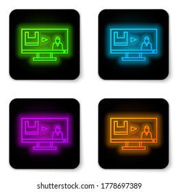 Línea de neón brillante Detener el icono de contaminación plástica aislado en el fondo blanco. Afiche ecológico. Botón cuadrado negro. Ilustración vectorial