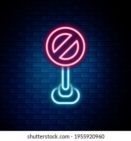 Glowing neon line Stop sign icon isolated on brick wall background. Traffic regulatory warning stop symbol. Colorful outline concept. Vector