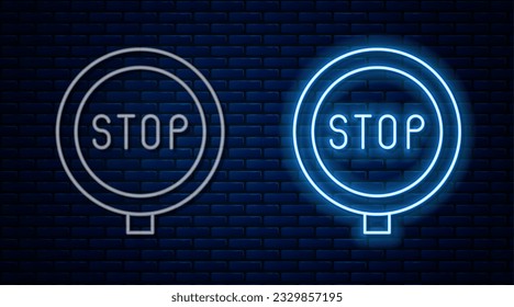 Glowing neon line Stop sign icon isolated on brick wall background. Traffic regulatory warning stop symbol.  Vector