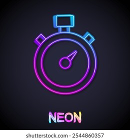 Glowing neon line Stopwatch icon isolated on black background. Time timer sign. Chronometer sign.  Vector