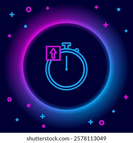 Glowing neon line Stopwatch icon isolated on black background. Time timer sign. Chronometer sign. Colorful outline concept. Vector