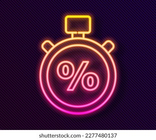 Glowing neon line Stopwatch and percent icon isolated on black background. Time timer sign.  Vector Illustration