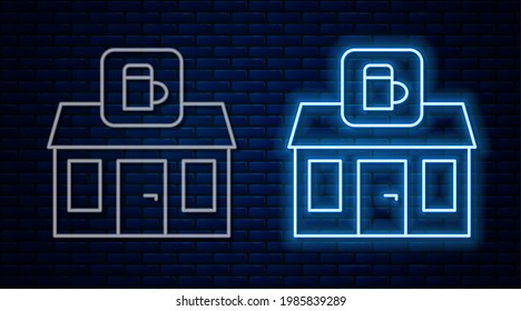 Glowing neon line Store building of beer shop icon isolated on brick wall background. Brewery sign.  Vector