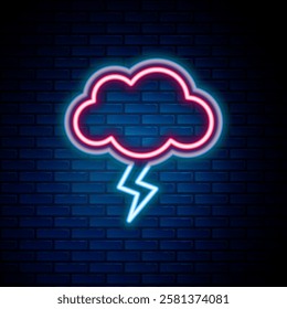 Glowing neon line Storm icon isolated on brick wall background. Cloud and lightning sign. Weather icon of storm. Colorful outline concept. Vector