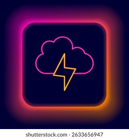 Glowing neon line Storm icon isolated on black background. Cloud and lightning sign. Weather icon of storm. Colorful outline concept. Vector