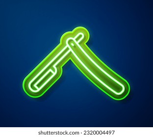 Glowing neon line Straight razor icon isolated on blue background. Barbershop symbol.  Vector Illustration