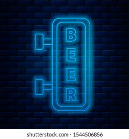 Glowing neon line Street signboard with inscription Beer icon isolated on brick wall background. Suitable for advertisements bar, cafe, pub, restaurant.  Vector Illustration