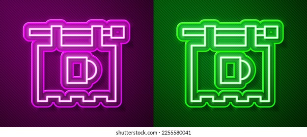 Glowing neon line Street signboard with inscription Bar icon isolated on purple and green background. Suitable for advertisements bar, cafe, restaurant.  Vector