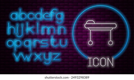 Glowing neon line Stretcher icon isolated on brick wall background. Patient hospital medical stretcher. Neon light alphabet. Vector Illustration