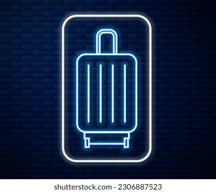 Glowing neon line Suitcase for travel icon isolated on brick wall background. Traveling baggage sign. Travel luggage icon.  Vector Illustration