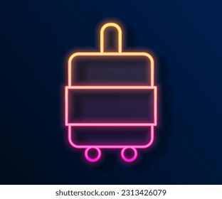 Glowing neon line Suitcase for travel icon isolated on black background. Traveling baggage sign. Travel luggage icon.  Vector