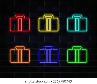 Glowing neon line Suitcase for travel icon isolated on black background. Travel luggage sign. Travel luggage icon. Vector. red, yellow, blue, orange and green.