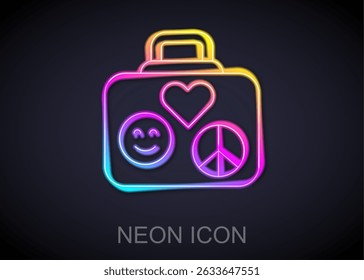 Glowing neon line Suitcase for travel icon isolated on black background. Traveling baggage sign. Retro hippie style. Travel luggage icon.  Vector