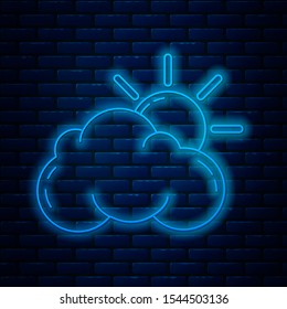 Glowing neon line Sun and cloud weather icon isolated on brick wall background.  Vector Illustration