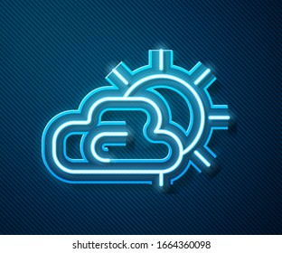 Glowing neon line Sun and cloud weather icon isolated on blue background.  Vector Illustration