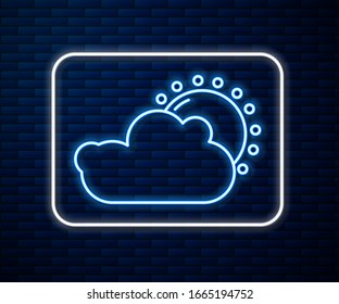 Glowing neon line Sun and cloud weather icon isolated on brick wall background.  Vector Illustration