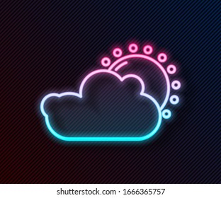 Glowing neon line Sun and cloud weather icon isolated on black background.  Vector Illustration
