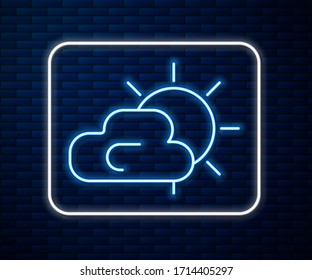 Glowing neon line Sun and cloud weather icon isolated on brick wall background.  Vector Illustration