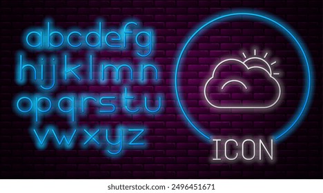 Icono brillante del Clima del sol y de la nube aislado en el fondo de la pared del ladrillo. Alfabeto de luz de neón. Ilustración vectorial