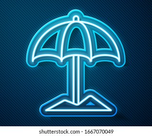 Glowing neon line Sun protective umbrella for beach icon isolated on blue background. Large parasol for outdoor space. Beach umbrella.  Vector Illustration