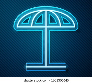 Glowing neon line Sun protective umbrella for beach icon isolated on blue background. Large parasol for outdoor space. Beach umbrella.  Vector Illustration