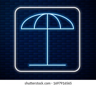 Glowing neon line Sun protective umbrella for beach icon isolated on brick wall background. Large parasol for outdoor space. Beach umbrella.  Vector Illustration