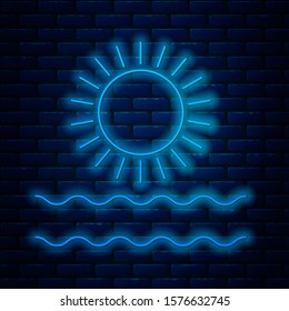Glowing neon line Sun and waves icon isolated on brick wall background.  Vector Illustration
