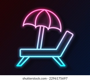 Glowing neon line Sunbed icon isolated on black background. Beach umbrella and Sun lounger.  Vector