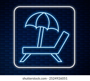 Glowing neon line Sunbed icon isolated on brick wall background. Beach umbrella and Sun lounger.  Vector