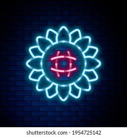 Glowing neon line Sunflower icon isolated on brick wall background. Colorful outline concept. Vector