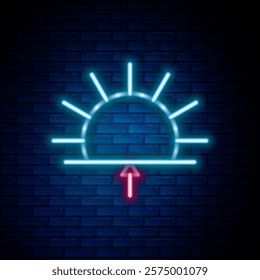 Glowing neon line Sunrise icon isolated on brick wall background. Colorful outline concept. Vector