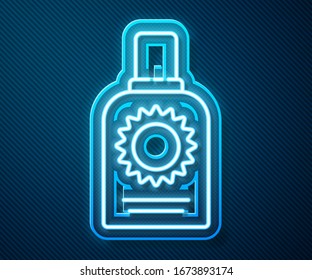 Glowing neon line Sunscreen spray bottle icon isolated on blue background. Protection for the skin from solar ultraviolet light.  Vector Illustration
