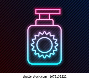Glowing neon line Sunscreen spray bottle icon isolated on black background. Protection for the skin from solar ultraviolet light.  Vector Illustration