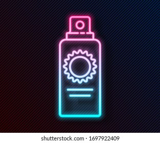 Glowing neon line Sunscreen spray bottle icon isolated on black background. Protection for the skin from solar ultraviolet light.  Vector Illustration