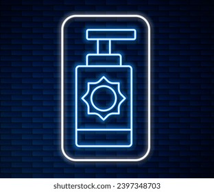 Glowing neon line Sunscreen spray bottle icon isolated on brick wall background. Protection for the skin from solar ultraviolet light.  Vector