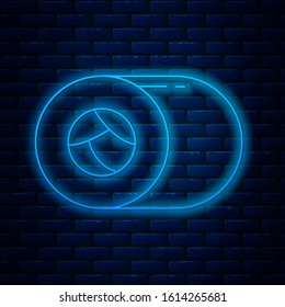 Glowing neon line Sushi icon isolated on brick wall background. Traditional Japanese food.  Vector Illustration