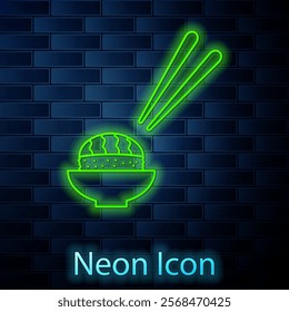 Glowing neon line Sushi icon isolated on brick wall background. Traditional Japanese food.  Vector