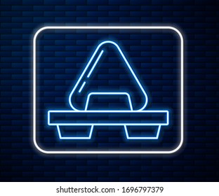 Glowing neon line Sushi on cutting board icon isolated on brick wall background. Asian food sushi on wooden board.  Vector Illustration