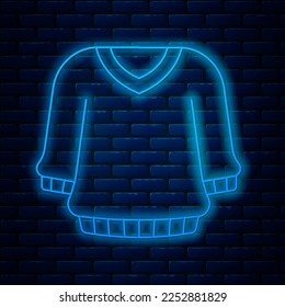 Glowing neon line Sweater icon isolated on brick wall background. Pullover icon. Sweatshirt sign.  Vector