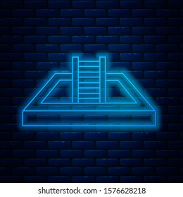 Glowing neon line Swimming pool with ladder icon isolated on brick wall background.  Vector Illustration