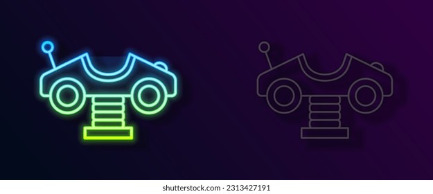 Glowing neon line Swing car on the playground icon isolated on black background. Childrens carousel with car. Amusement icon.  Vector