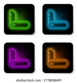 Glowing neon line Swiss army knife icon isolated on white background. Multi-tool, multipurpose penknife. Multifunctional tool. Black square button. Vector Illustration
