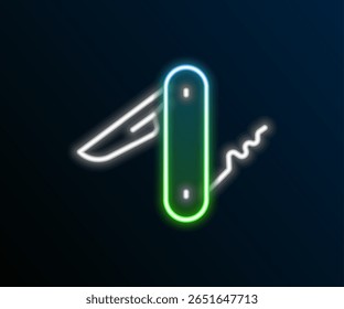 Glowing neon line Swiss army knife icon isolated on black background. Multi-tool, multipurpose penknife. Multifunctional tool. Colorful outline concept. Vector