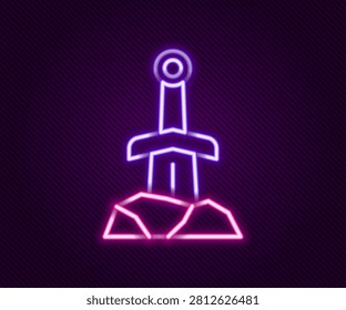 Glowing neon line Sword in the stone icon isolated on black background. Excalibur the sword in the stone from the Arthurian legends. Colorful outline concept. Vector