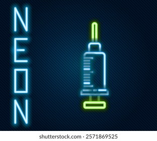 Glowing neon line Syringe icon isolated on black background. Syringe for vaccine, vaccination, injection, flu shot. Medical equipment. Colorful outline concept. Vector Illustration