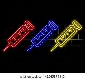 Glowing neon line Syringe with serum icon isolated on brick wall background. Syringe for vaccine, vaccination, injection, flu shot. Medical equipment. Vector.