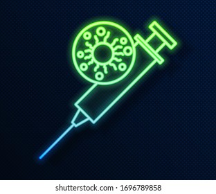 Glowing neon line Syringe and virus icon isolated on blue background. Syringe for vaccine, vaccination, injection, flu shot. Medical equipment.  Vector Illustration