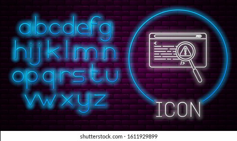 Glowing neon line System bug concept icon isolated on brick wall background. Code bug concept. Bug in the system. Bug searching. Neon light alphabet. Vector Illustration