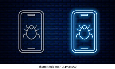 Glowing neon line System bug on mobile icon isolated on brick wall background. Code bug concept. Bug in the system. Bug searching.  Vector